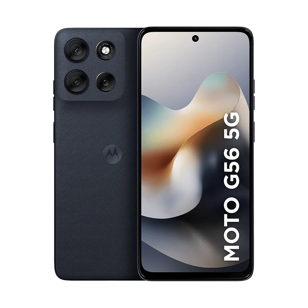 Motorola Moto g56 5G na cor grafite, visto de frente e de costas