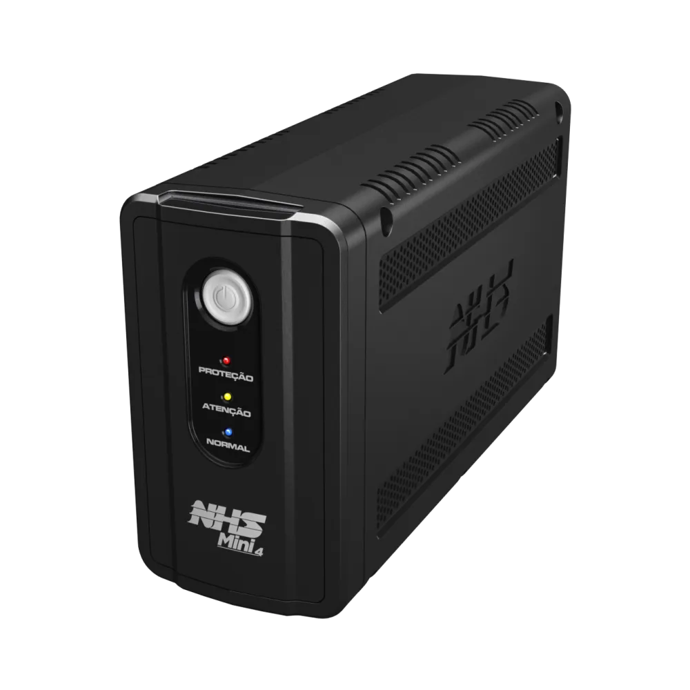 Nobreak NHS Mini 4, gabinete preto compacto com botão e três LEDs na frente