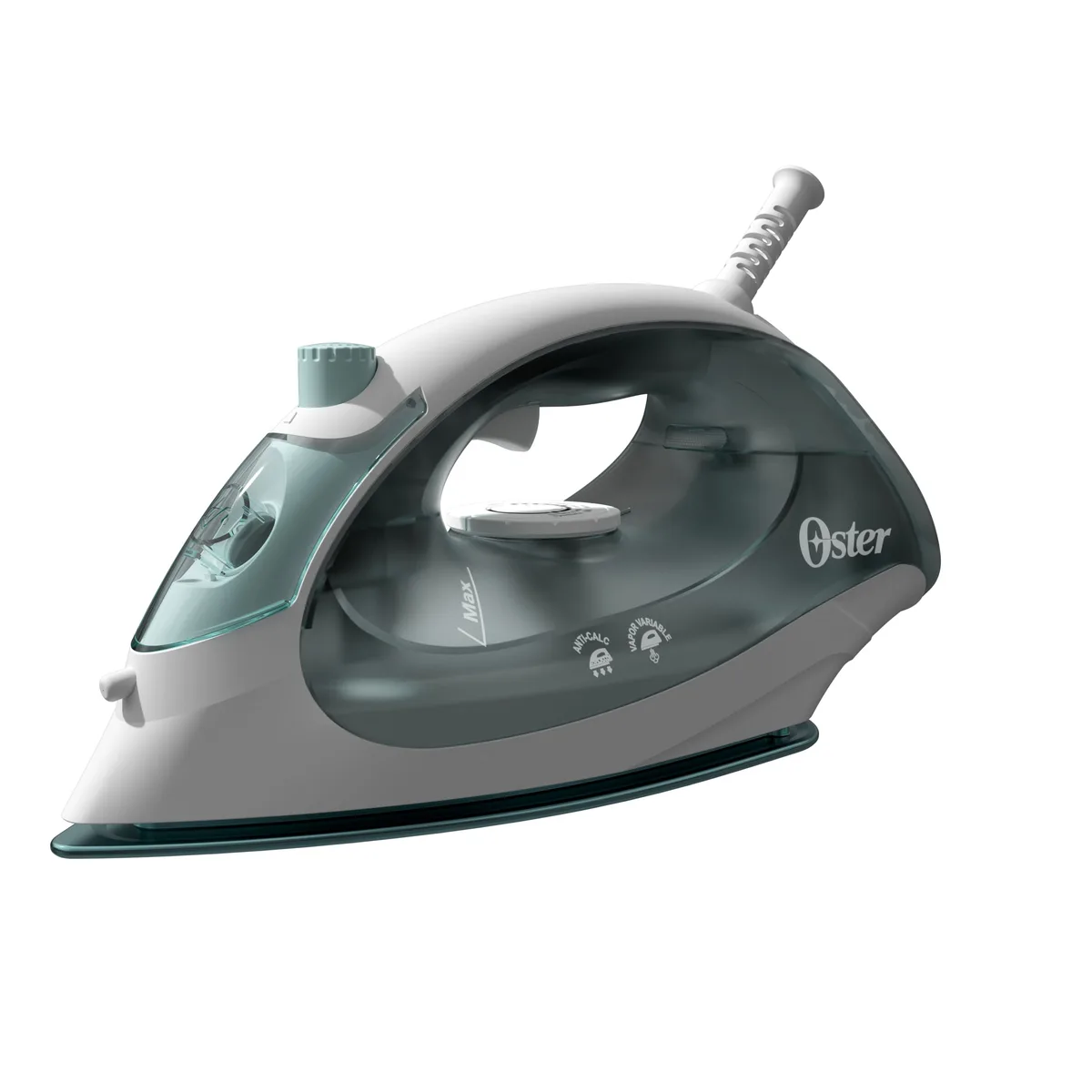 Ferro a vapor Oster de base antiaderente, verde-acinzentado e branco, visto de três quartos