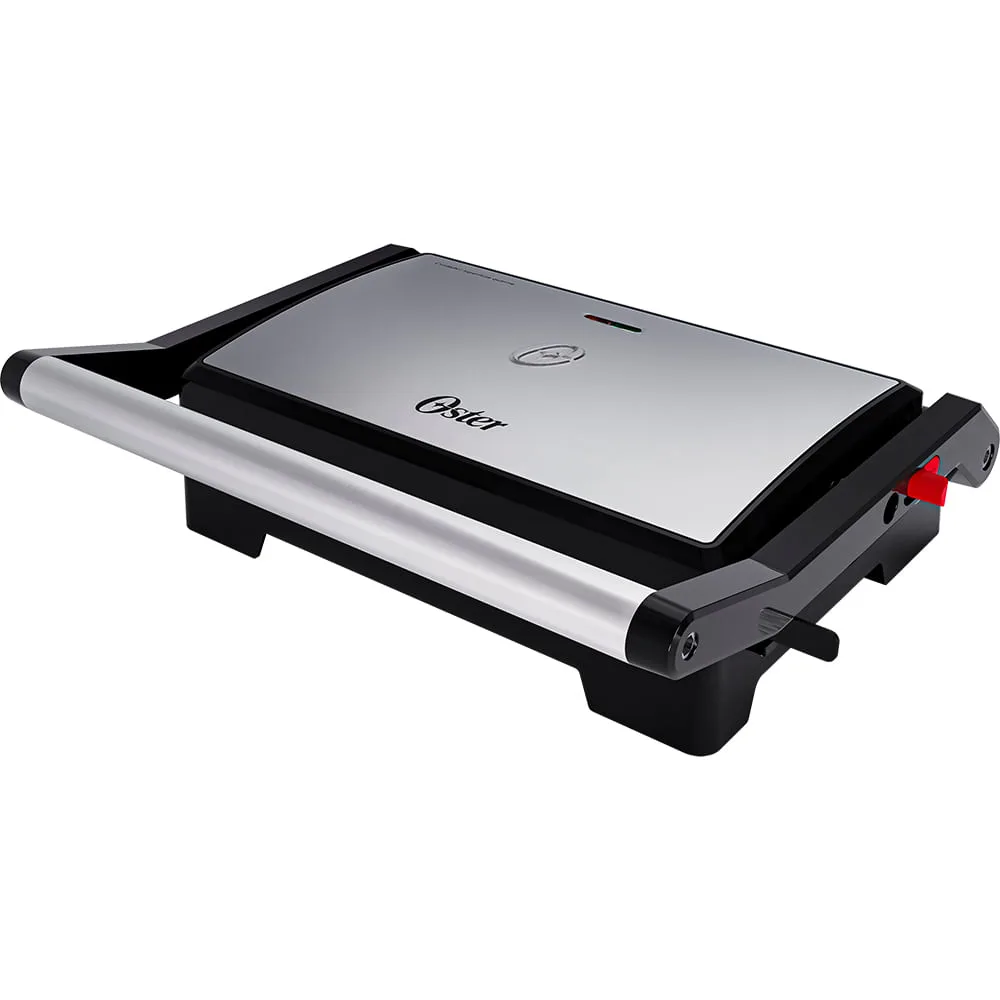 Mini grill Oster OGRL230, preto com tampa em inox, fechado