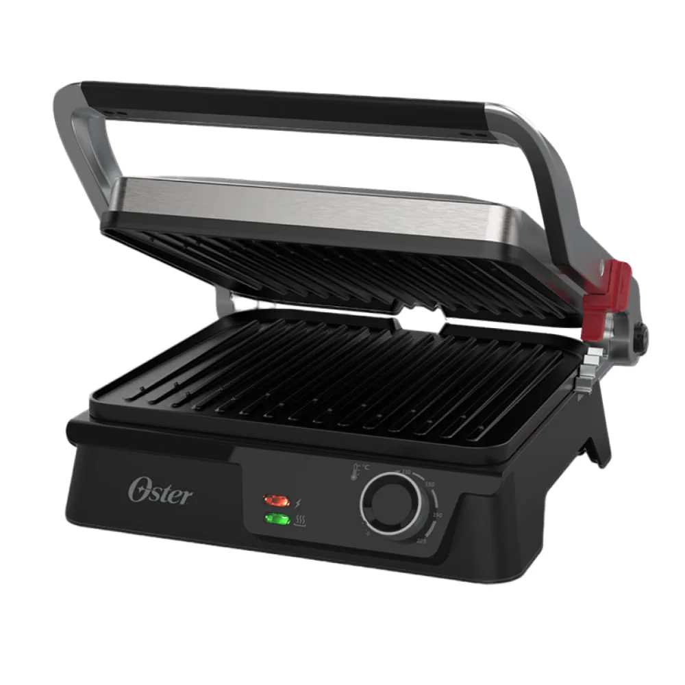 Grill Oster OGRL610 aberto em 180 graus, com as duas chapas à mostra