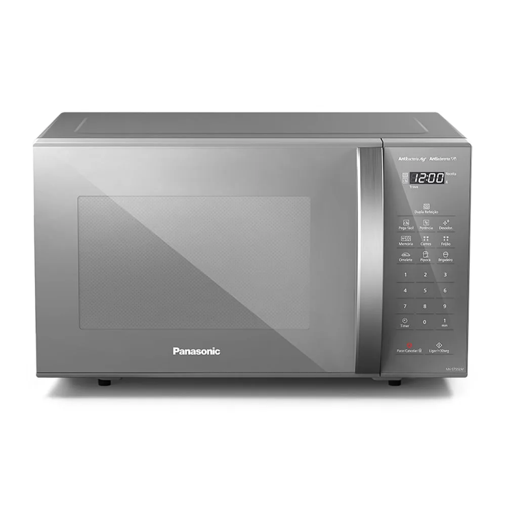 Micro-ondas Panasonic ST55 prata espelhado, visto de frente