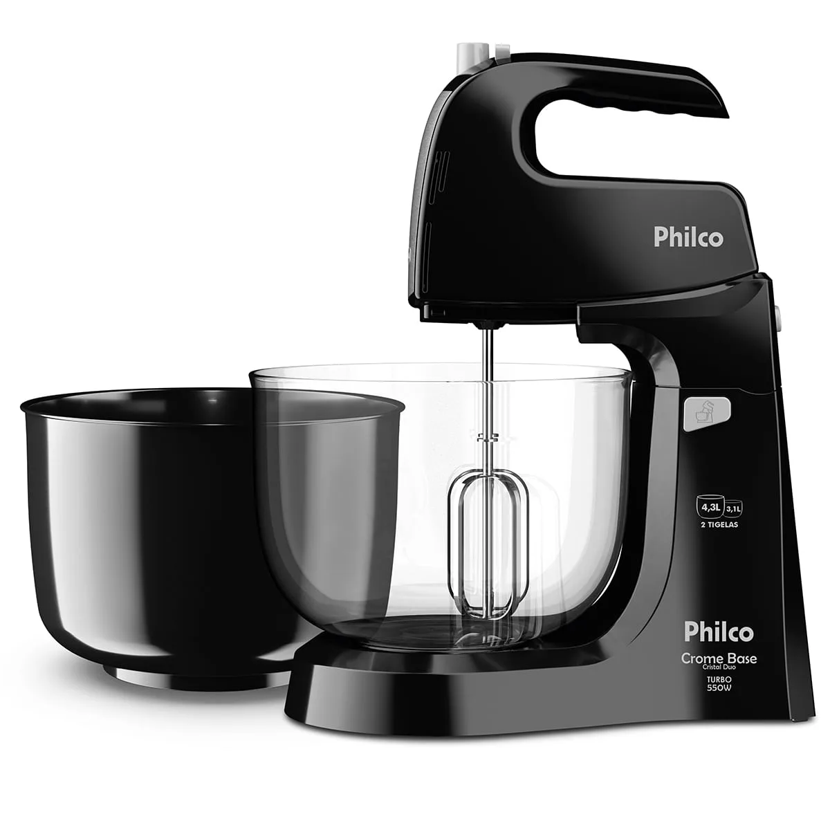 Batedeira Philco Crome Base preta, com a tigela de inox e os batedores encaixados