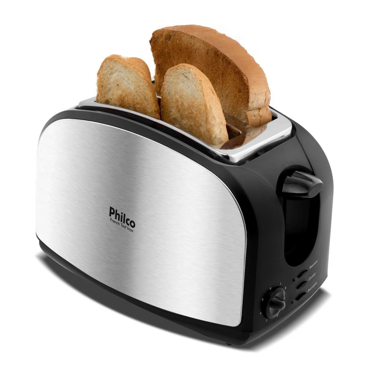 Torradeira Philco French Toast preta com inox escovado