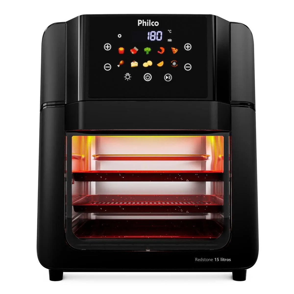 Fritadeira Philco Air Fryer Oven de 15 litros, preta, com porta de vidro e grades internas