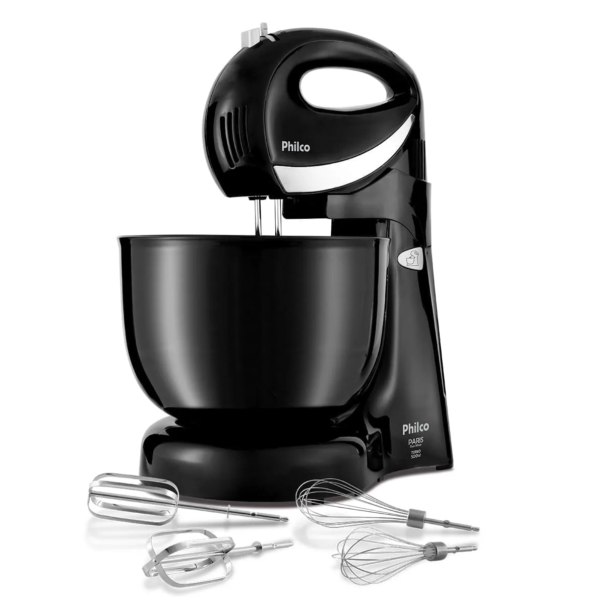 Batedeira Philco Paris Duo Mixer preta, com a tigela e dois pares de batedores ao lado