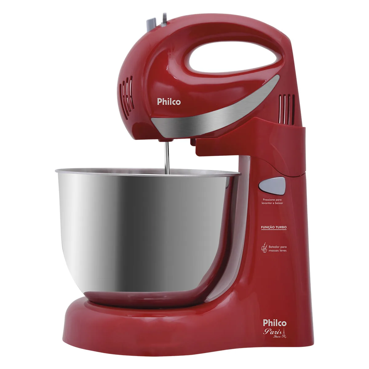 Batedeira Philco Paris Inox vermelha, com a tigela de inox encaixada