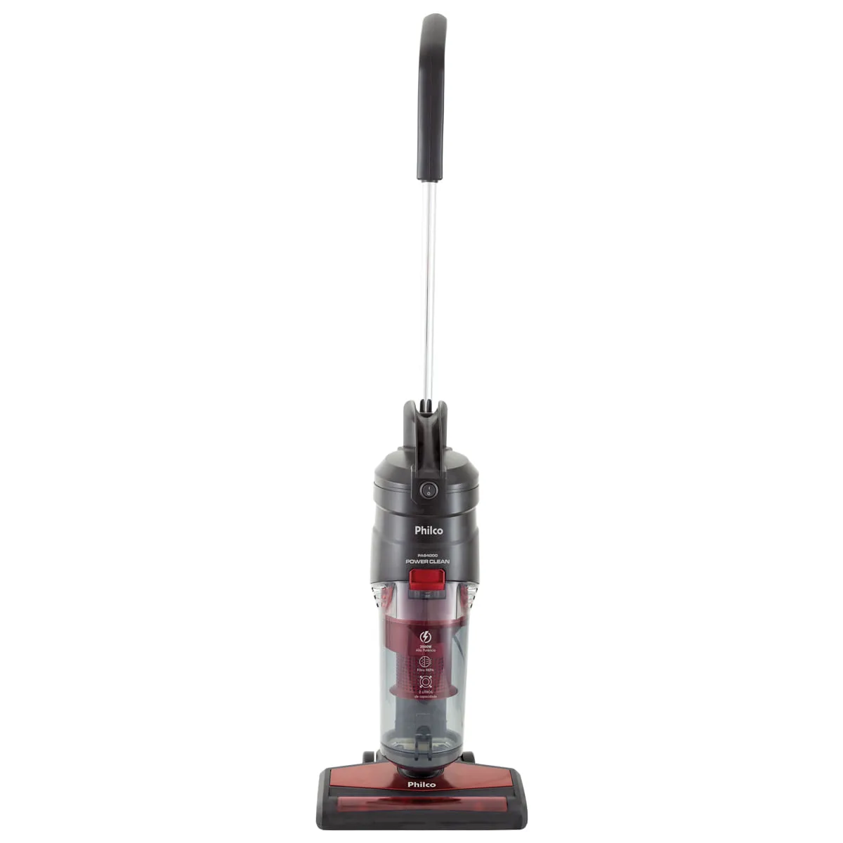 Aspirador vertical Philco Power Clean preto e vermelho, em pé