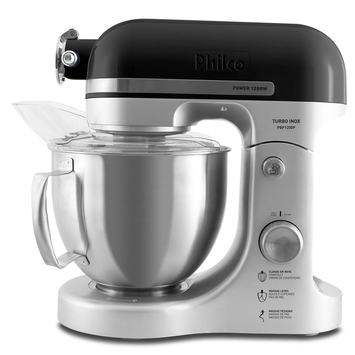 Batedeira planetária Philco PBP1200P branca e preta, com a tigela de inox e o braço levantado