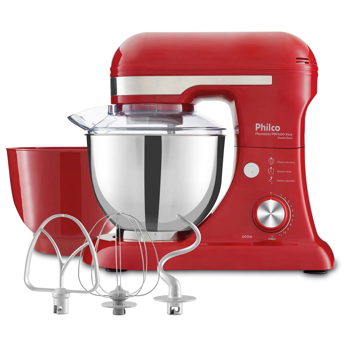 Batedeira planetária Philco PBP600V vermelha, com a tigela de inox e os três batedores ao lado