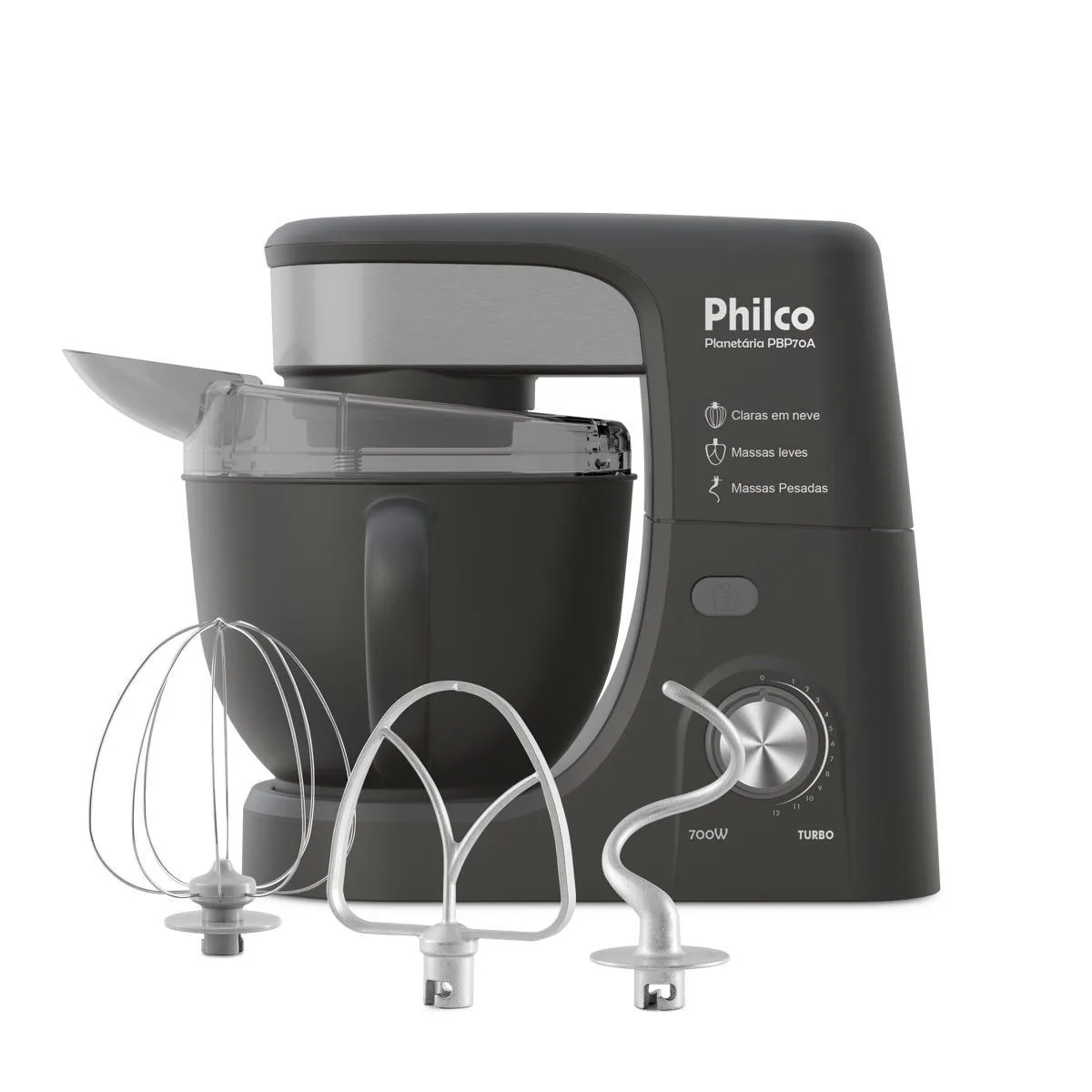 Batedeira planetária Philco PBP70A cinza e preta, com a tigela e os três batedores ao lado
