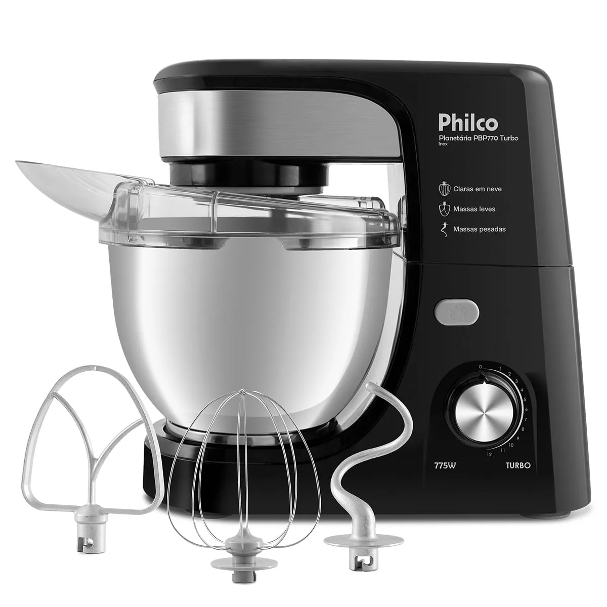 Batedeira planetária Philco PBP770 preta, com a tigela de inox e os três batedores ao lado