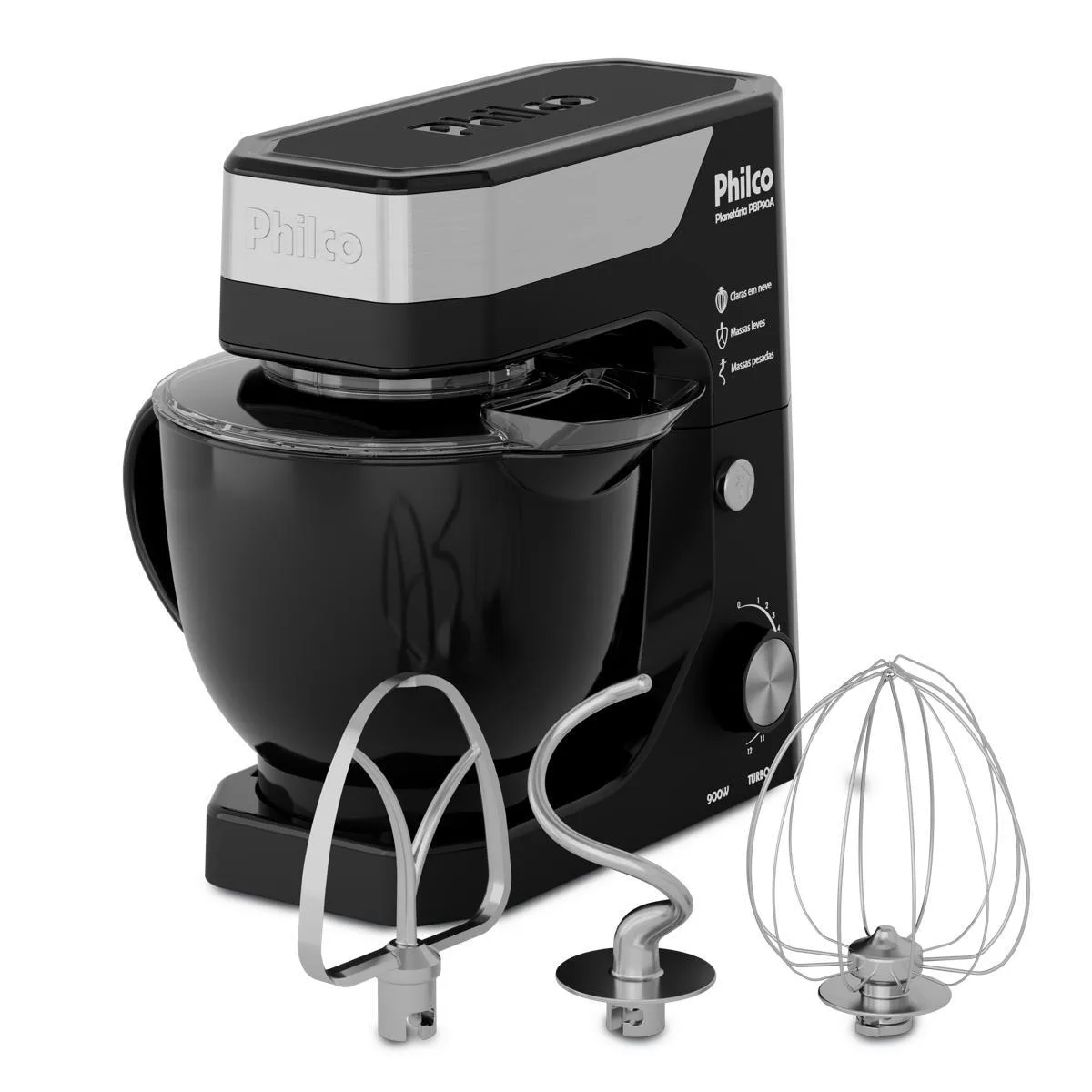 Batedeira planetária Philco Concept PBP90A preta, com a tigela e os três batedores ao lado