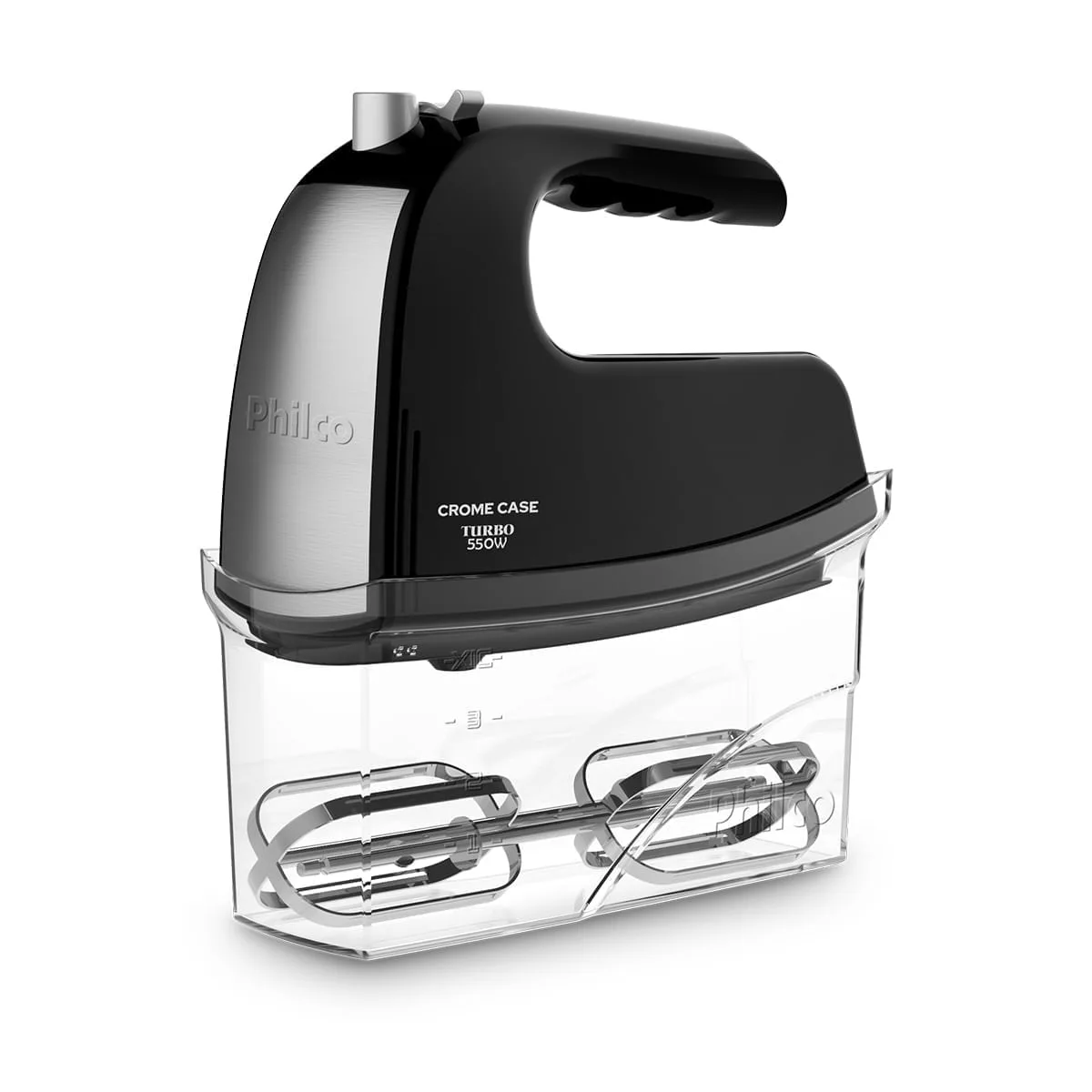 Batedeira portátil Philco PBT450 preta e prata, apoiada no estojo transparente
