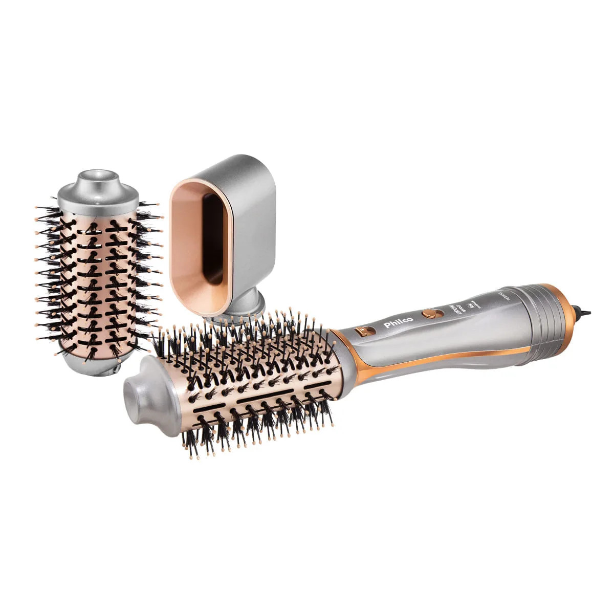 Escova secadora Philco PES19SG prata, com três acessórios ao lado