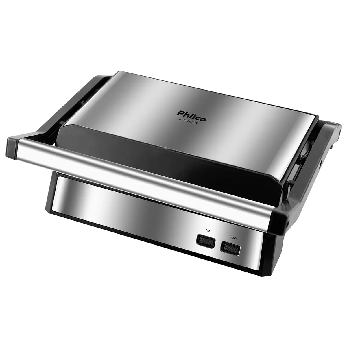 Grill e sanduicheira Philco PGR21PI Maxx Clean, prateada, aberta em ângulo