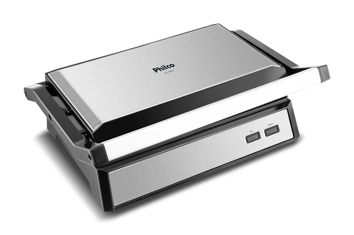 Grill Philco PGR32, prateado, com a chapa superior levantada