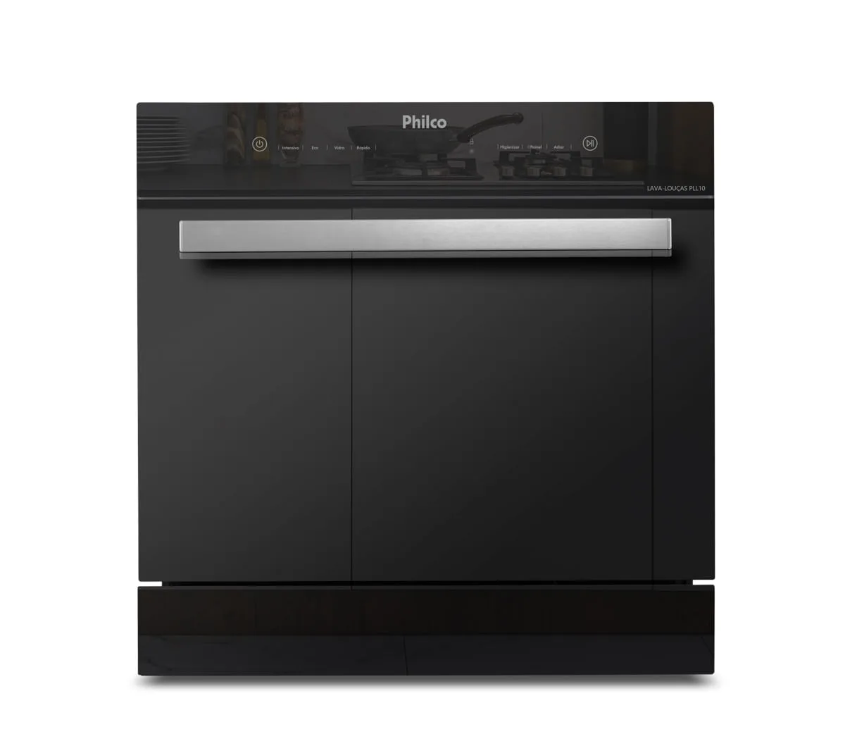 Lava-louças Philco PLL10 preto espelhado, vista de frente