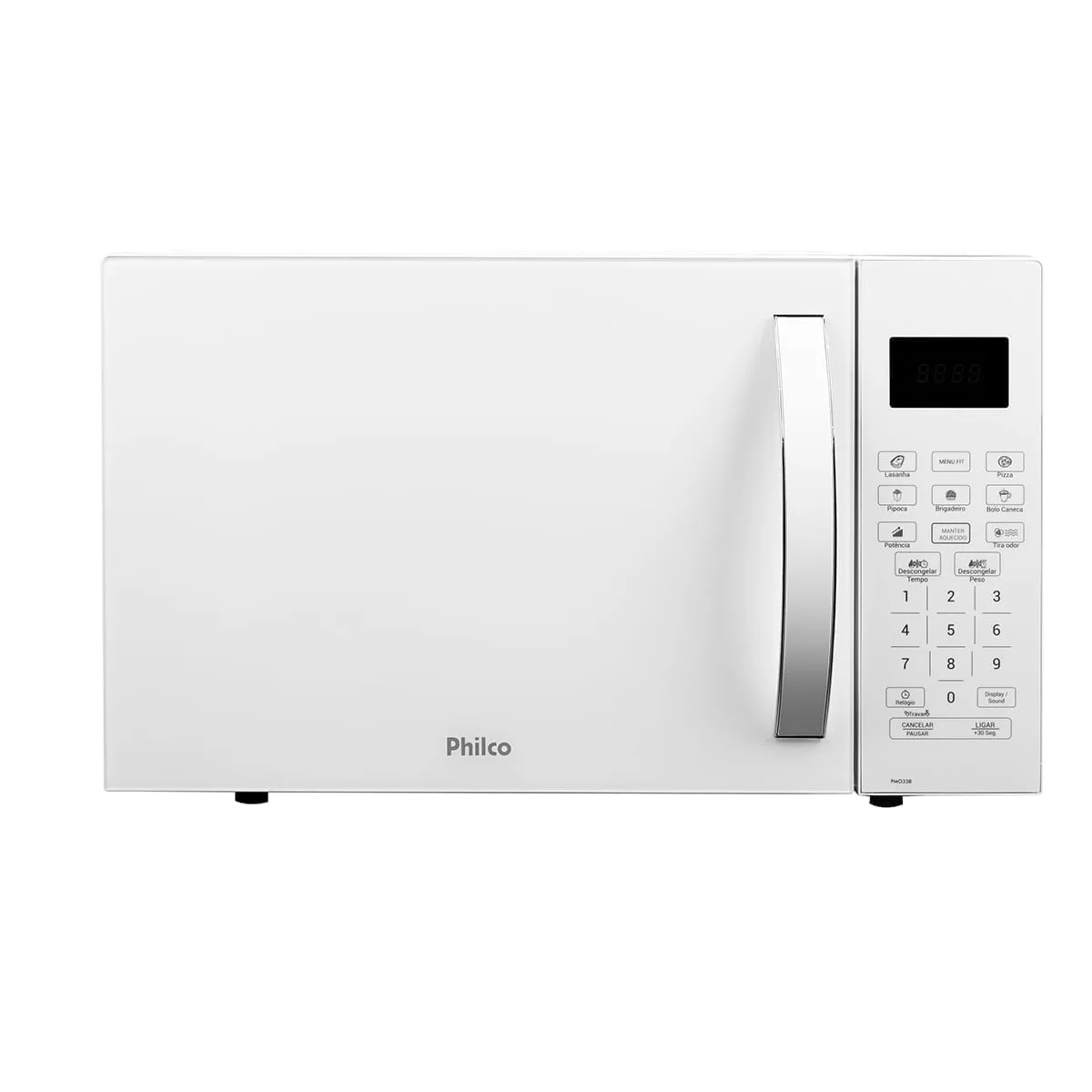 Micro-ondas Philco PMO23B branco de 20 litros, visto de frente