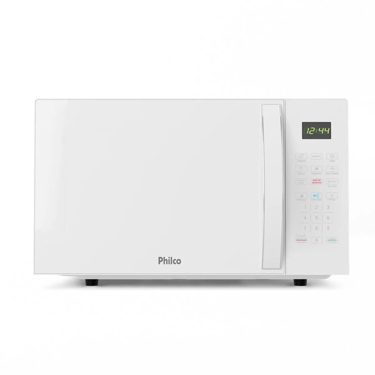 Micro-ondas Philco PMO30B branco de 28 litros, visto de frente
