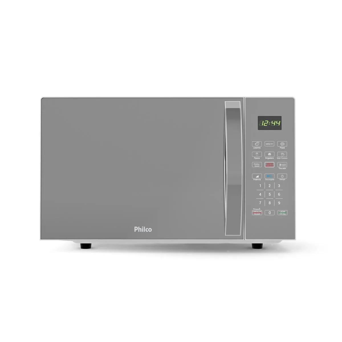 Micro-ondas Philco PMO30S prata espelhado de 28 litros, visto de frente
