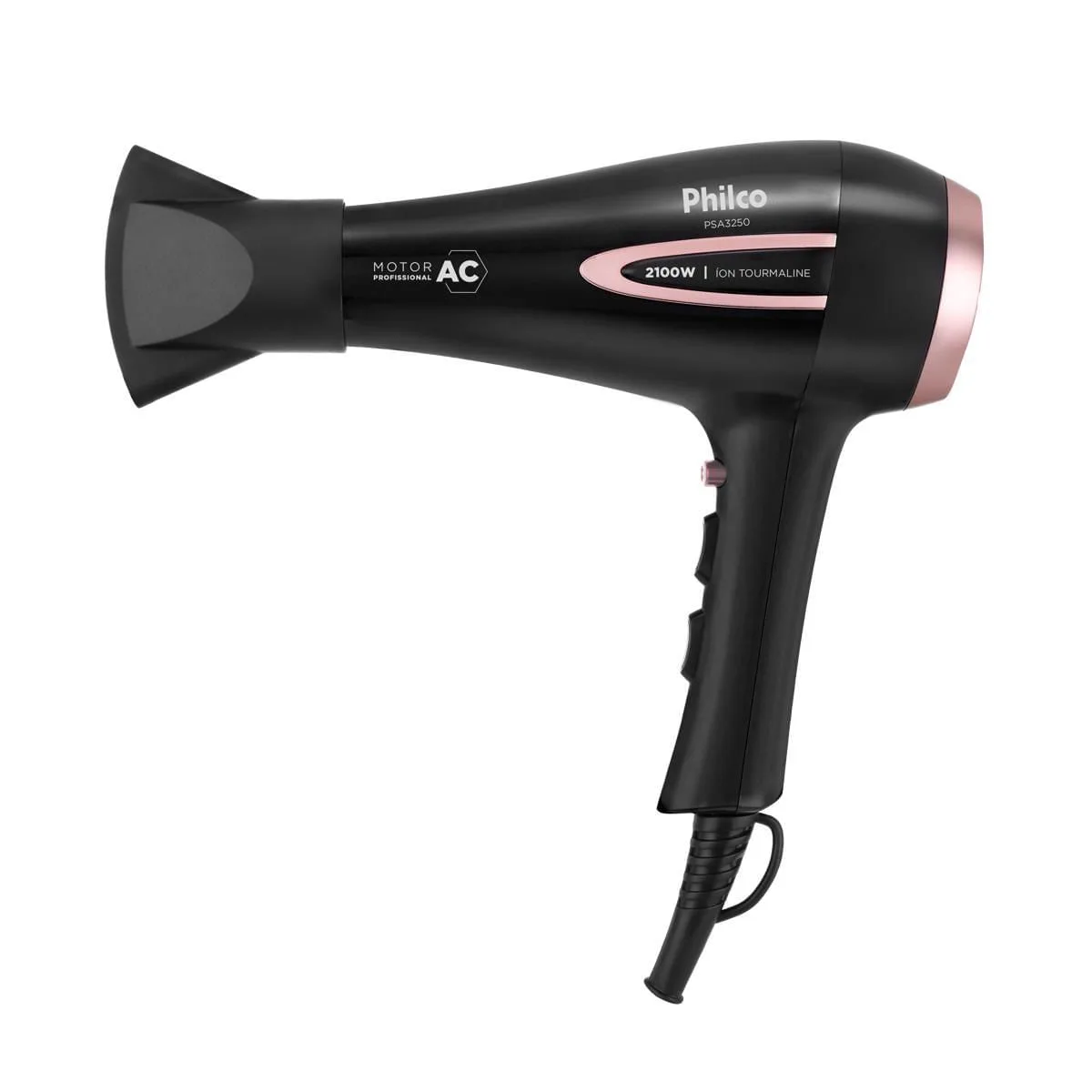 Secador de cabelo Philco Íons Tourmaline preto, visto de lado