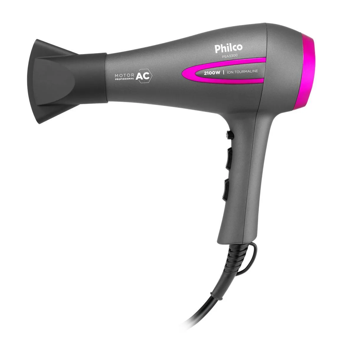 Secador Philco PSA3300 cinza com detalhe rosa, com o bico direcionador