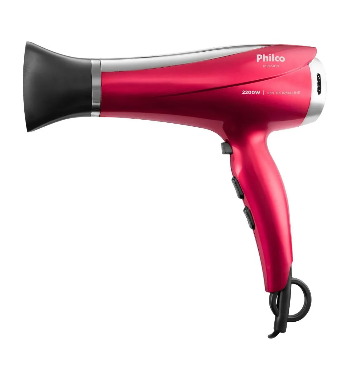 Secador de cabelo Philco PSC2300 rosa e prata, visto de lado