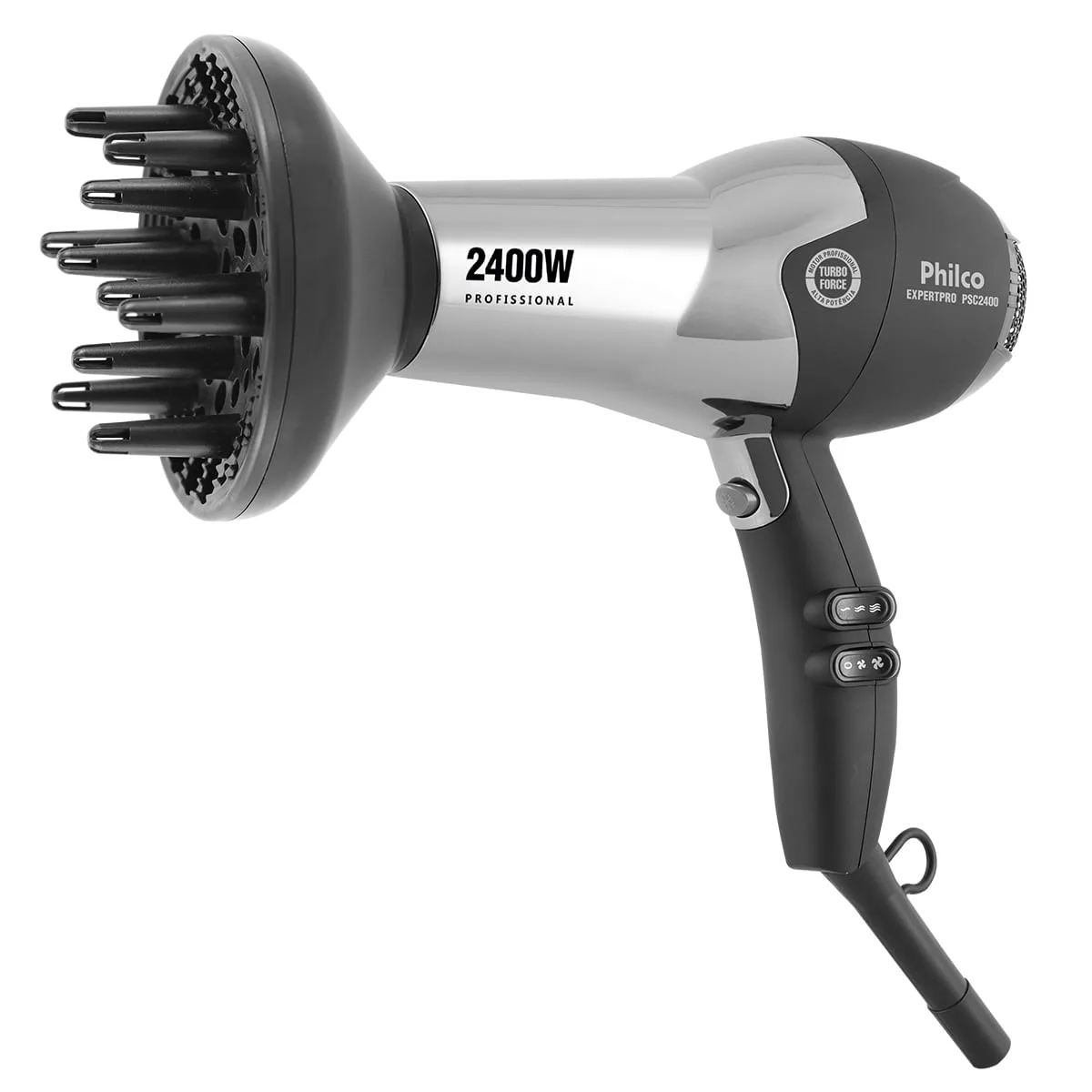 Secador de cabelo Philco Expert Pro prata e preto, com difusor de dedos encaixado