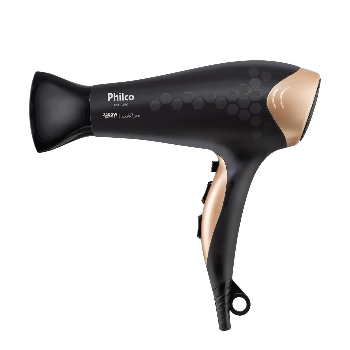 Secador Philco PSC2450 preto com detalhes dourados, com o bico direcionador