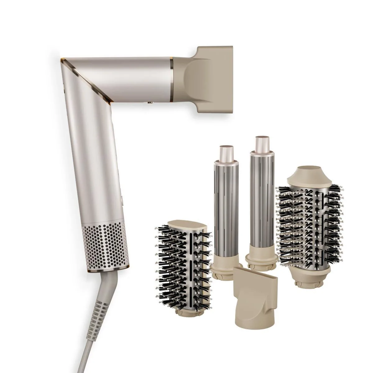 Secador de cabelo Philco 4 em 1 dobrável bege, com escovas e modeladores ao lado