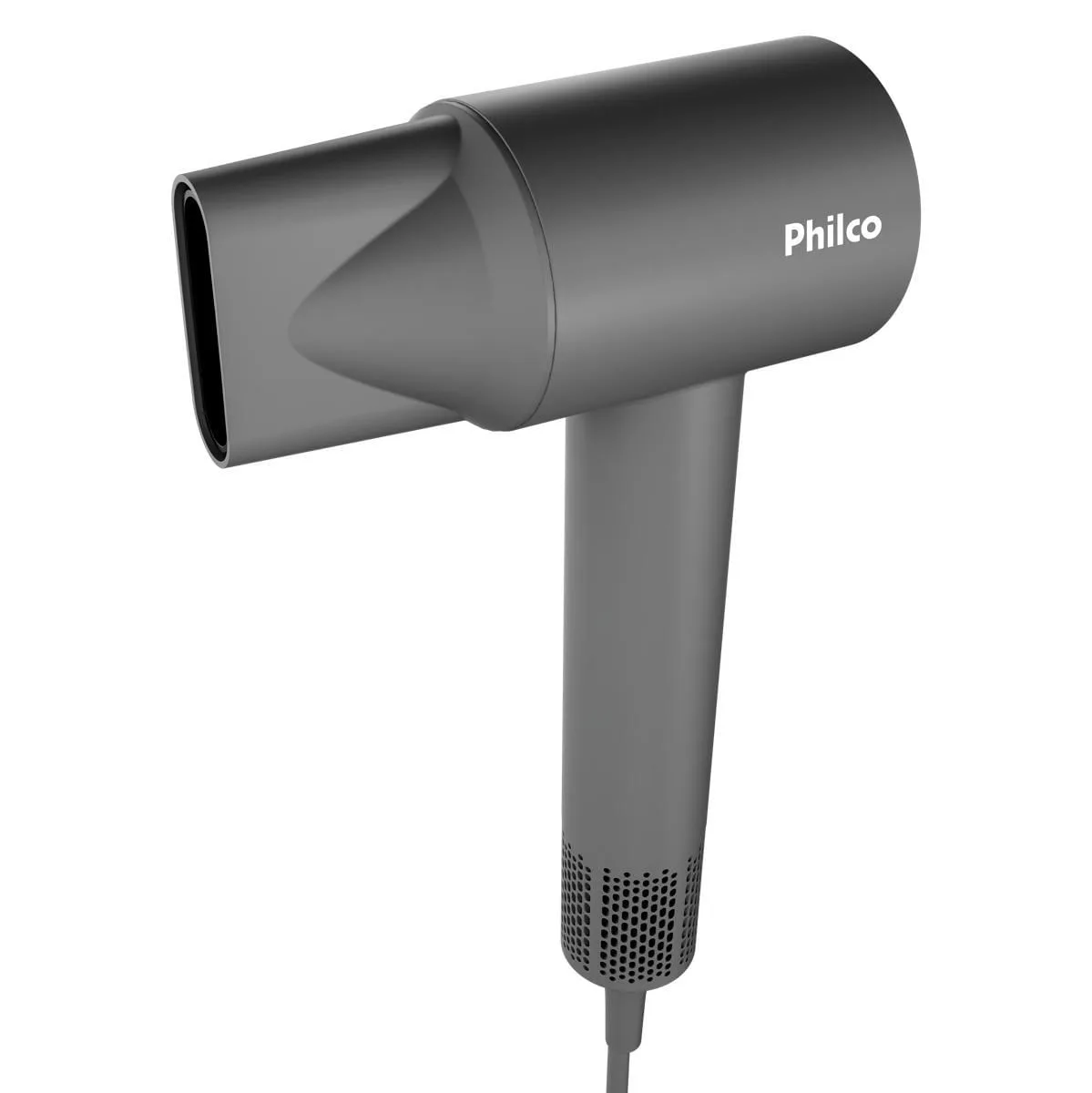 Secador de cabelo Philco PSC3600 cinza-escuro, corpo fino, visto de lado