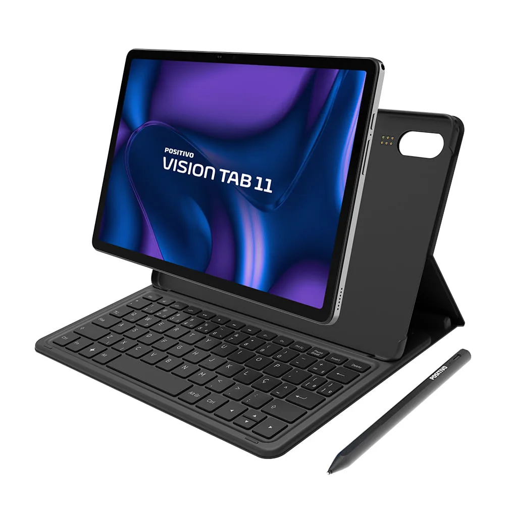 Tablet Positivo Vision TAB 11 com a capa teclado acoplada e a caneta ao lado