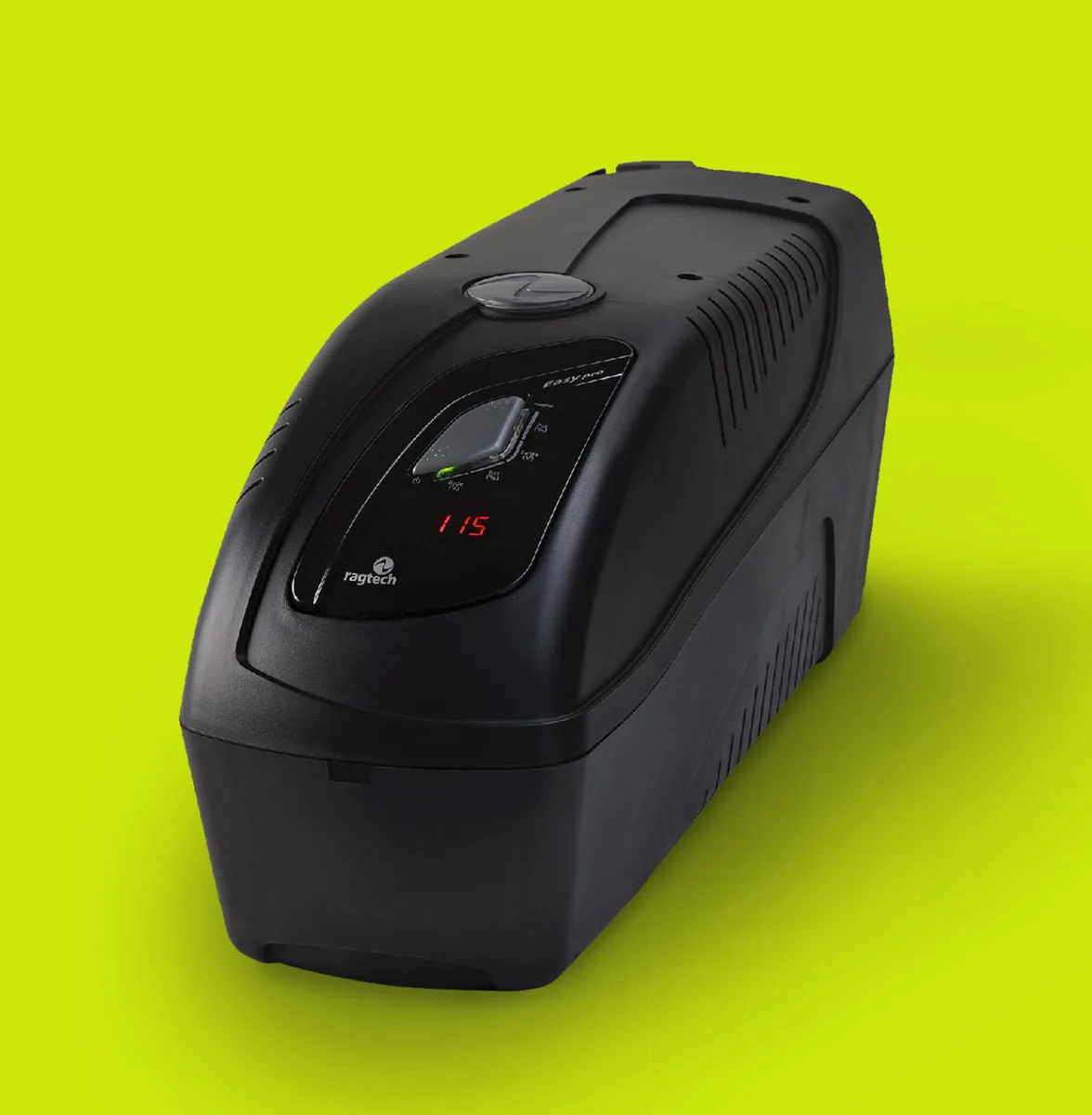 Nobreak Ragtech Easy Pro Digital, gabinete preto deitado com visor digital, em perspectiva