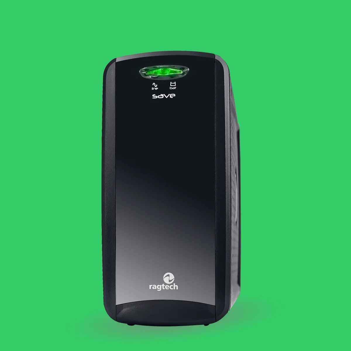 Nobreak Ragtech Save Home, gabinete preto estreito com botão frontal iluminado em verde