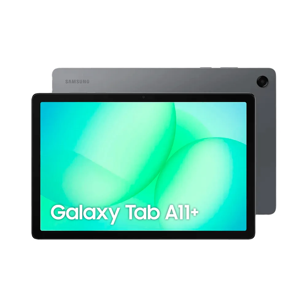 Samsung Galaxy Tab A11+ cinza, visto de frente com a tela ligada
