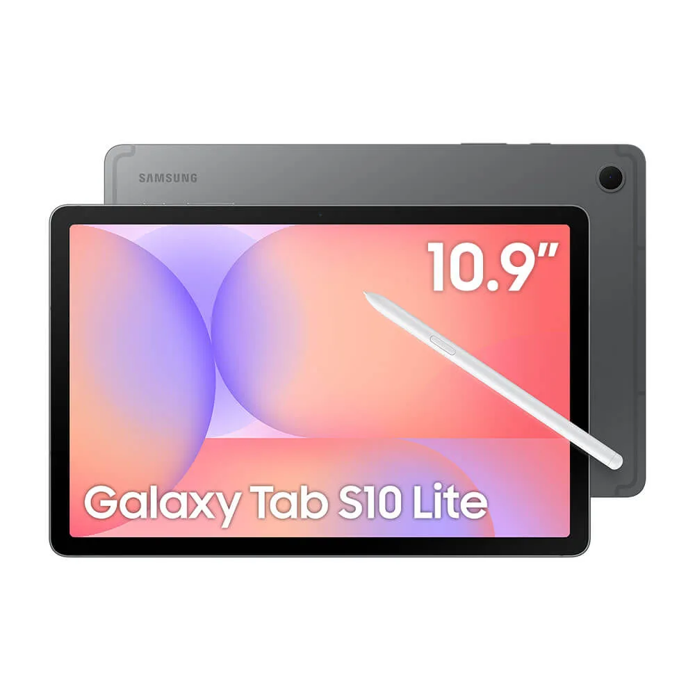 Samsung Galaxy Tab S10 Lite cinza com a S Pen apoiada na tela