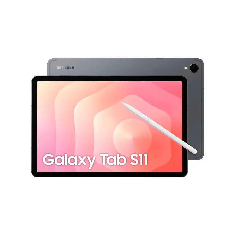 Tablet Samsung Galaxy Tab S11 visto de frente, com a S Pen ao lado