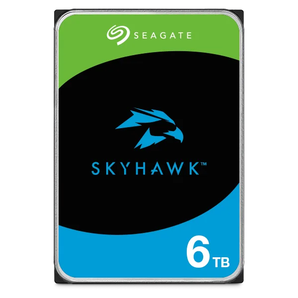 Disco rígido Seagate SkyHawk de 6 TB, etiqueta verde, preta e azul