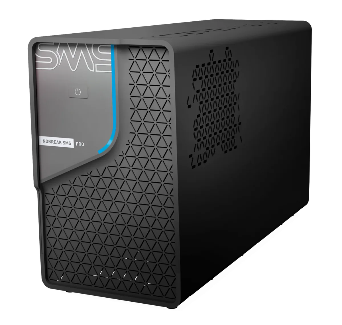 Nobreak SMS Pro, gabinete preto com frente texturizada e friso azul, logotipo SMS