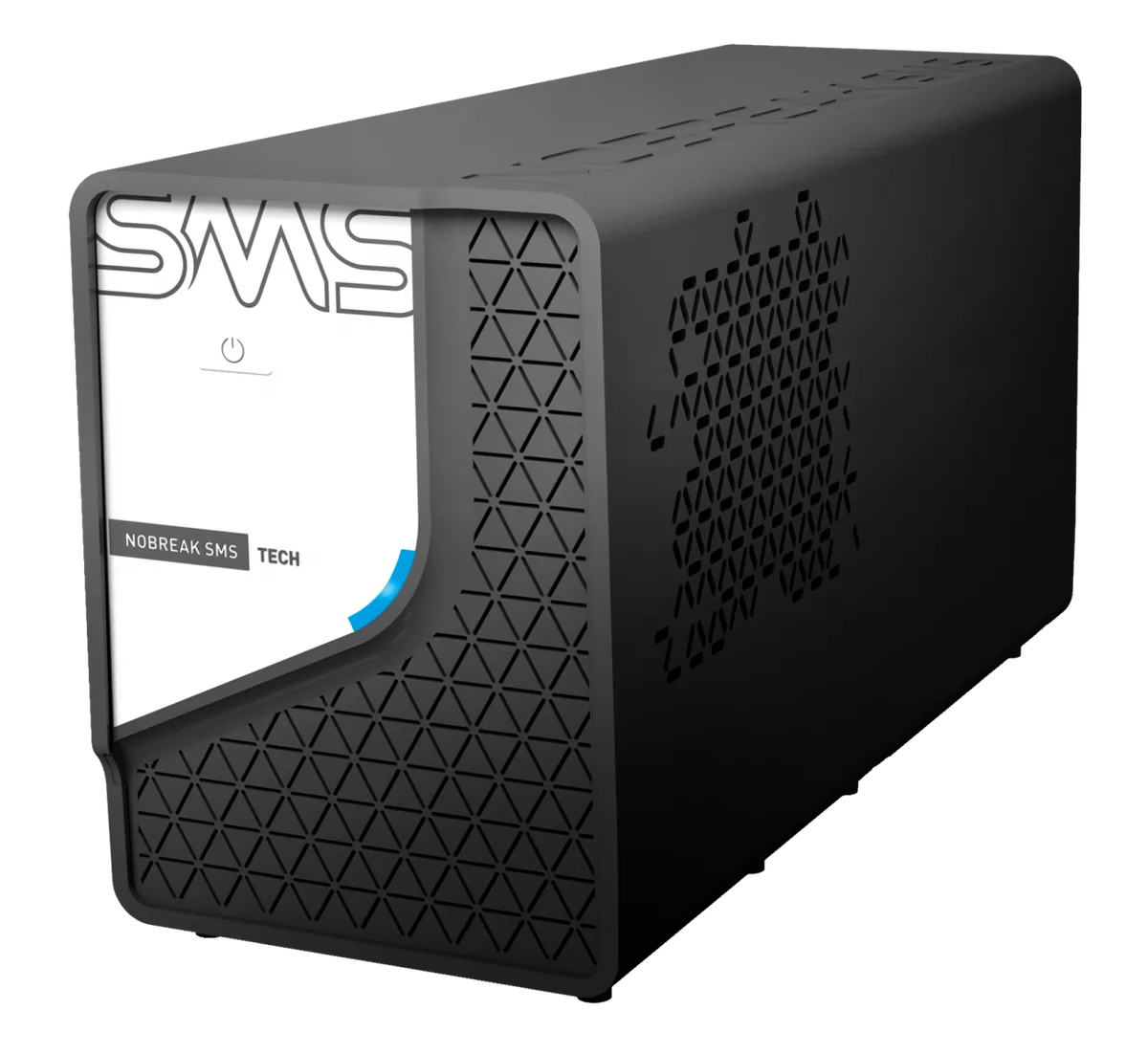Nobreak SMS Tech, gabinete preto com painel frontal branco e logotipo SMS