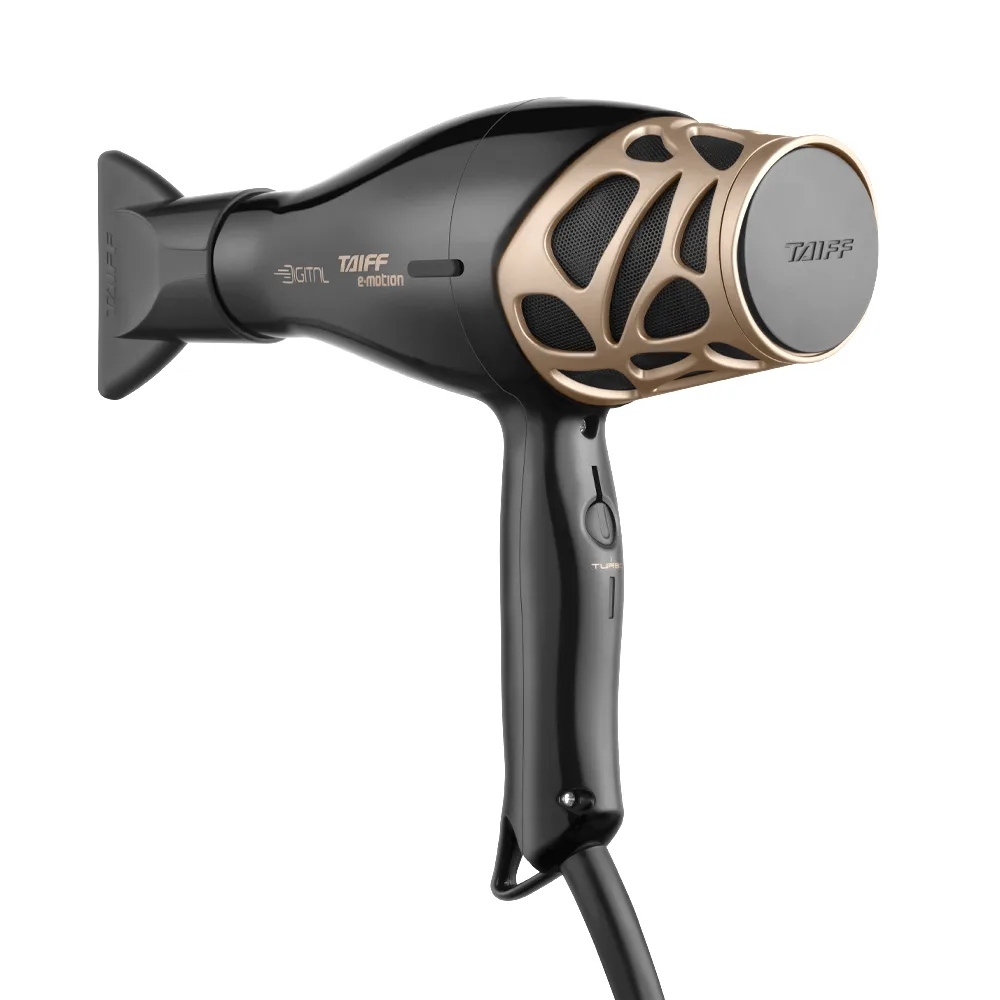 Secador de cabelo Taiff e.motion Digital preto com grade traseira dourada vazada, visto de lado