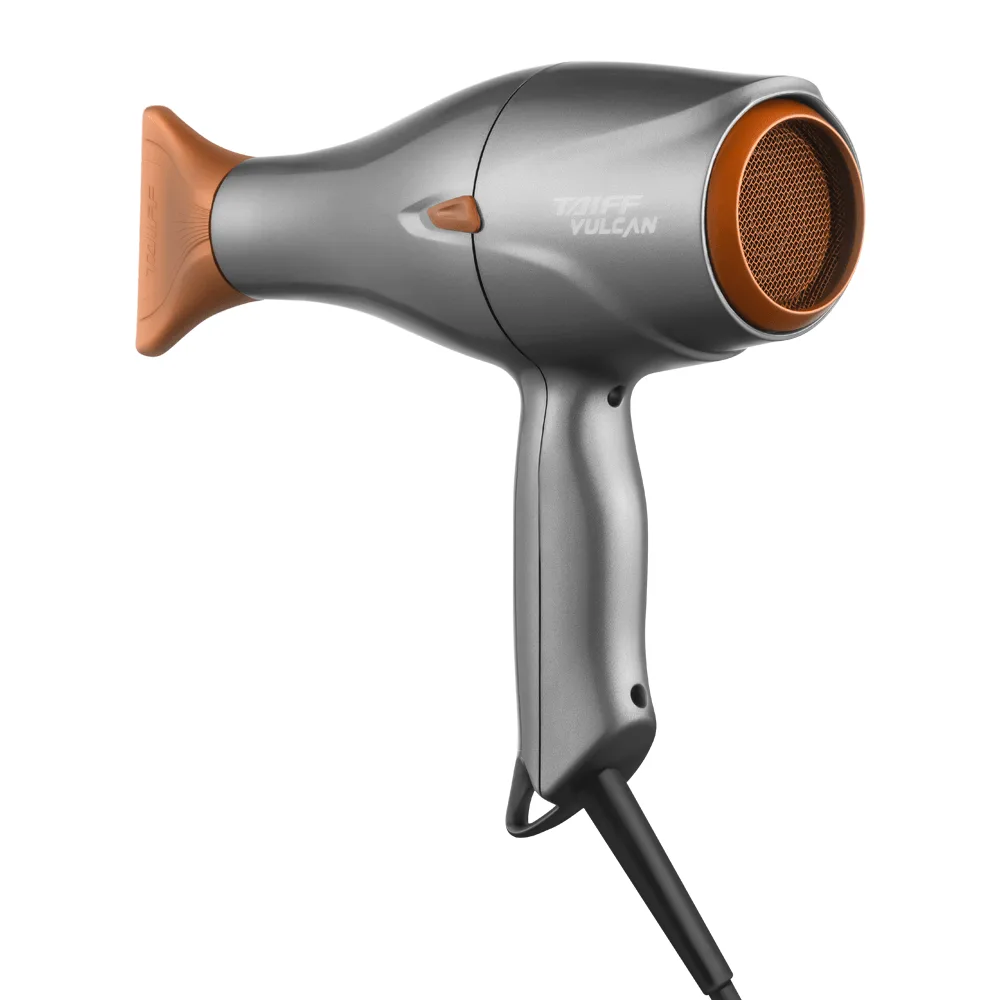 Secador de cabelo Taiff Vulcan prata com bocal e grade em cobre, visto de lado