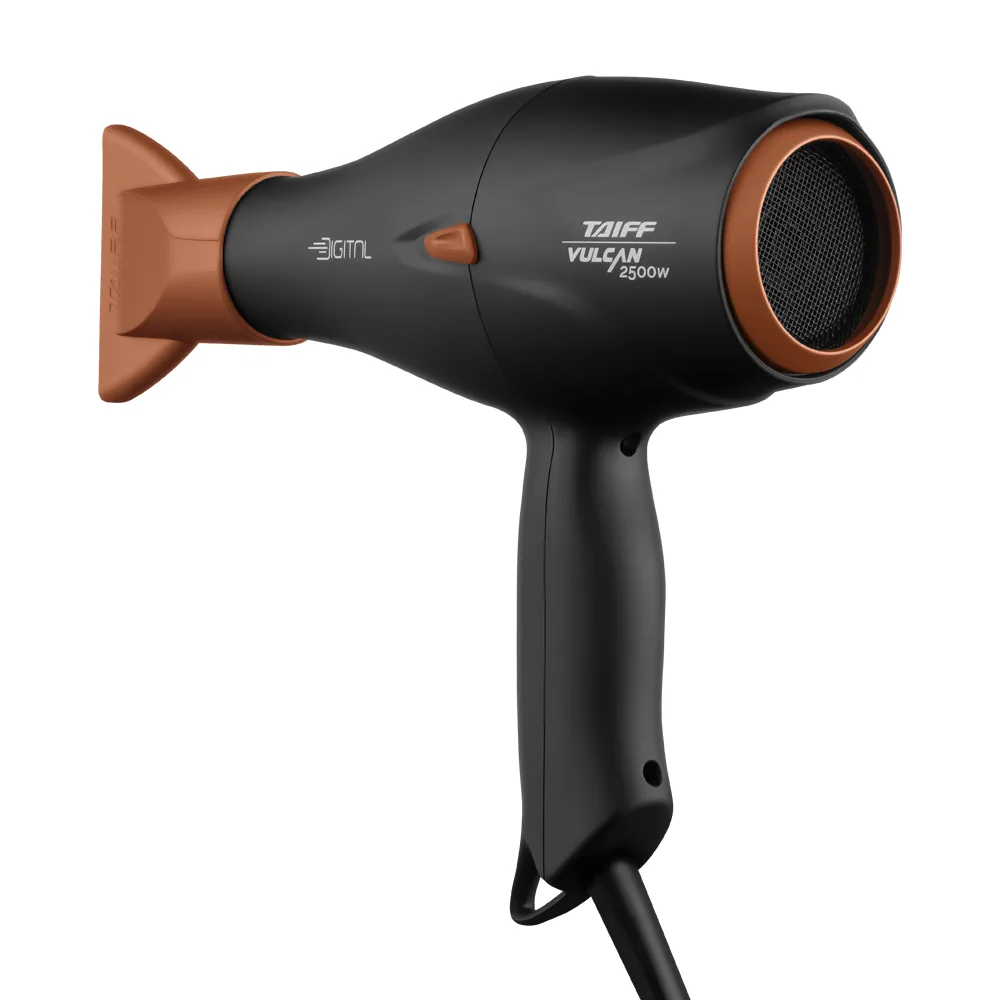Secador de cabelo Taiff Vulcan Digital preto com bocal e grade em cobre, visto de lado