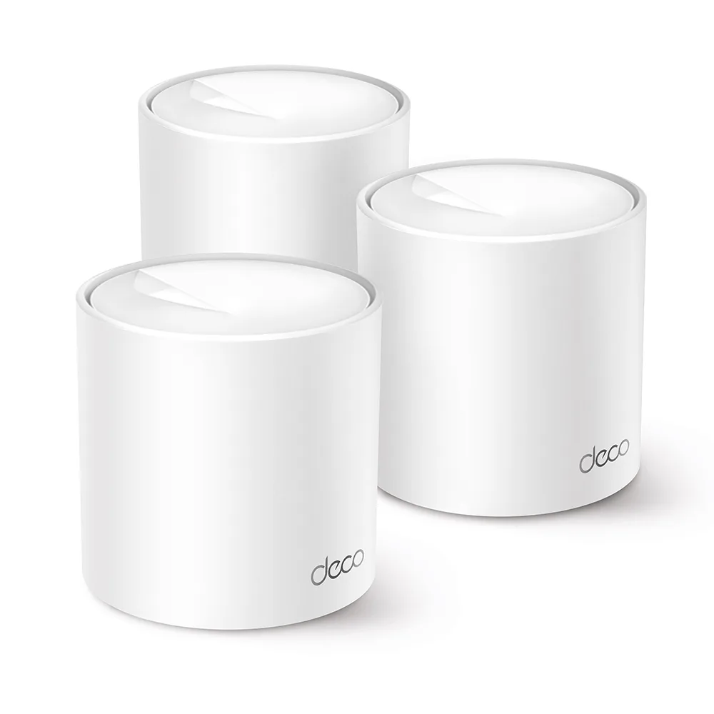 Três unidades do sistema mesh TP-Link Deco X10, brancas e cilíndricas
