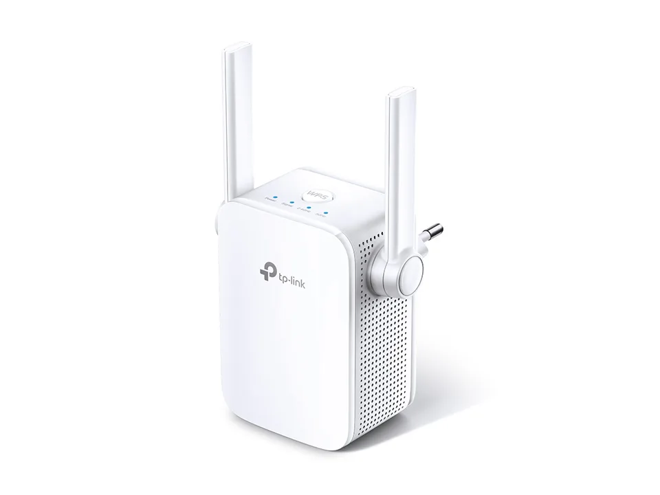 Repetidor TP-Link RE305 branco, de encaixe na tomada, com duas antenas externas