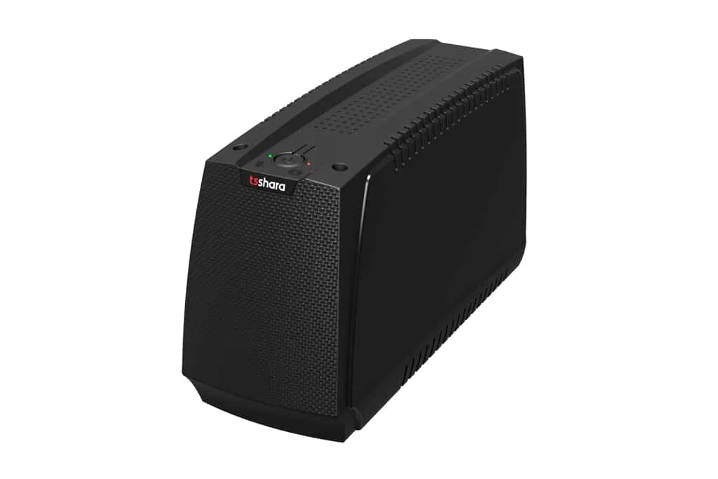 Nobreak TS Shara Senoidal 1400 VA, gabinete preto com frente texturizada, visto de cima em perspectiva