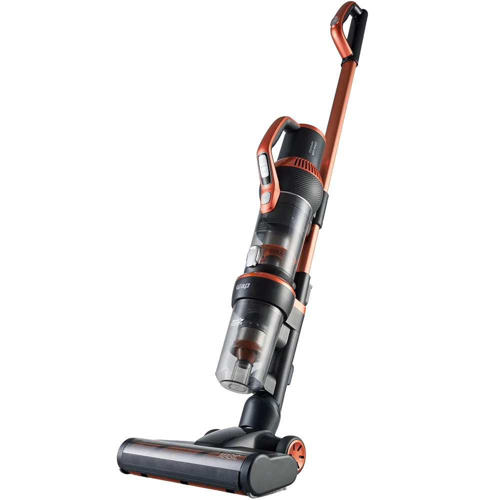 Aspirador vertical sem fio WAP Magic preto e cobre, em pé