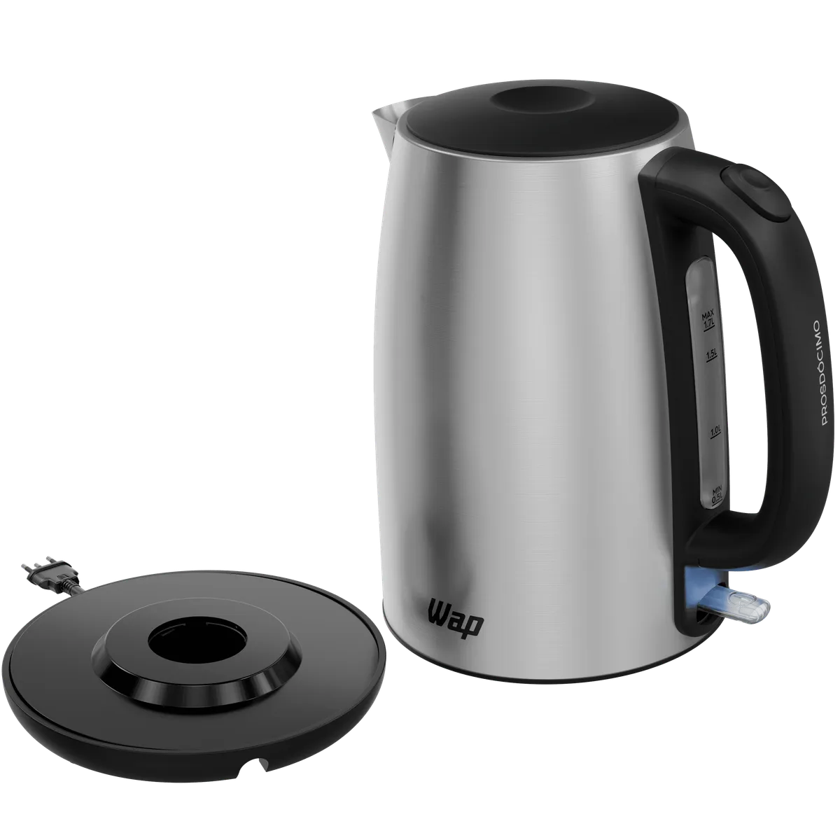 Chaleira elétrica WAP WCE1 de aço inox com a base de aquecimento ao lado
