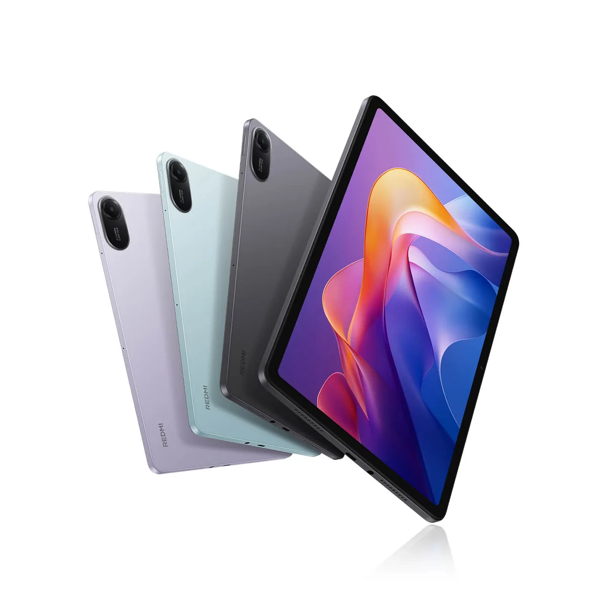 Xiaomi Redmi Pad 2 em três cores, vistos de trás, e um de frente com a tela ligada